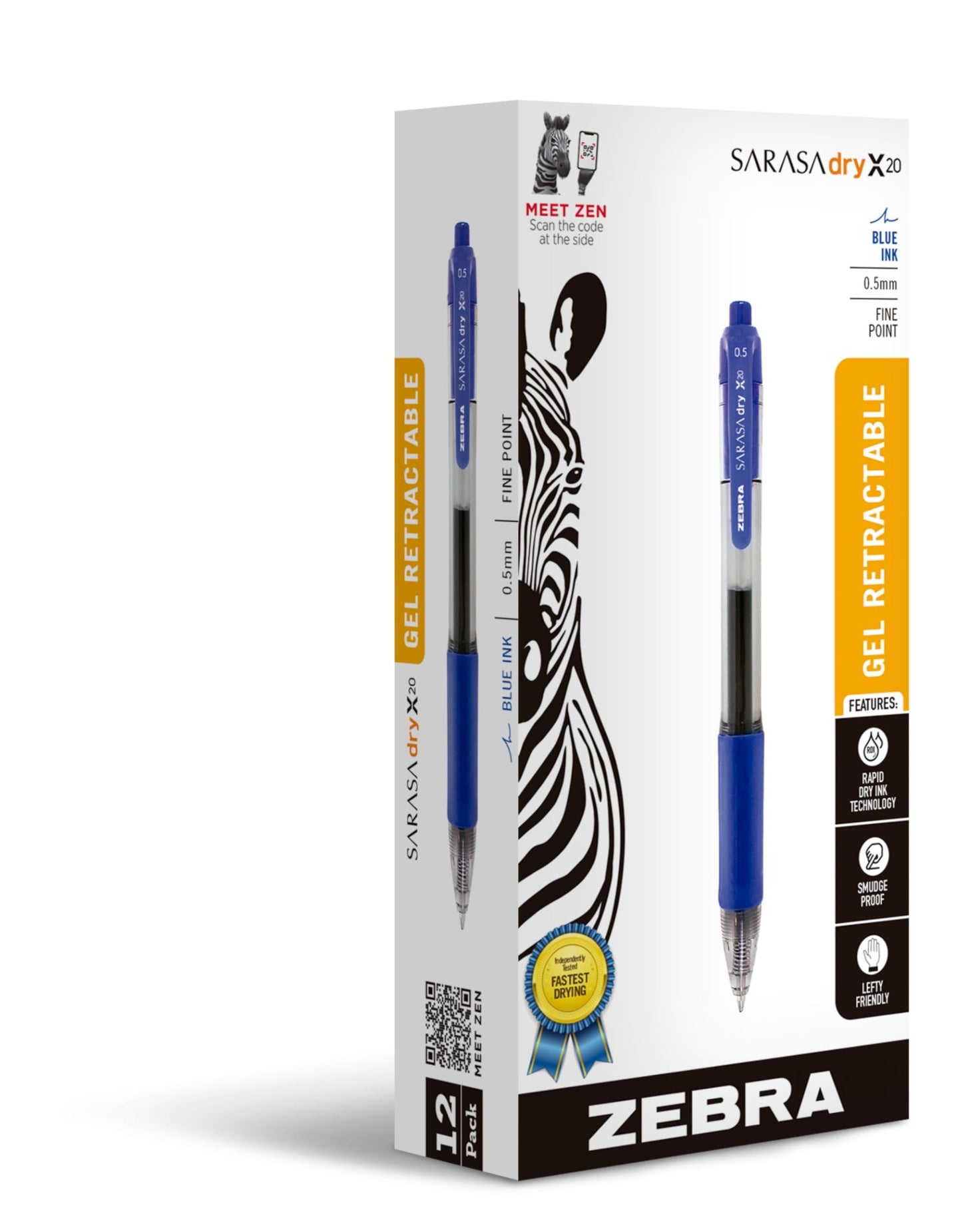Zebra Pen Sarasa Dry X20 Retractable Gel Pens, 0.7mm Medium Point, Blue Ink with Rapid Fast Dry Ink Technology, Ideal for the Left Handed, Elimates Smudging and Smearing in Seconds, 12-Pack (46820)