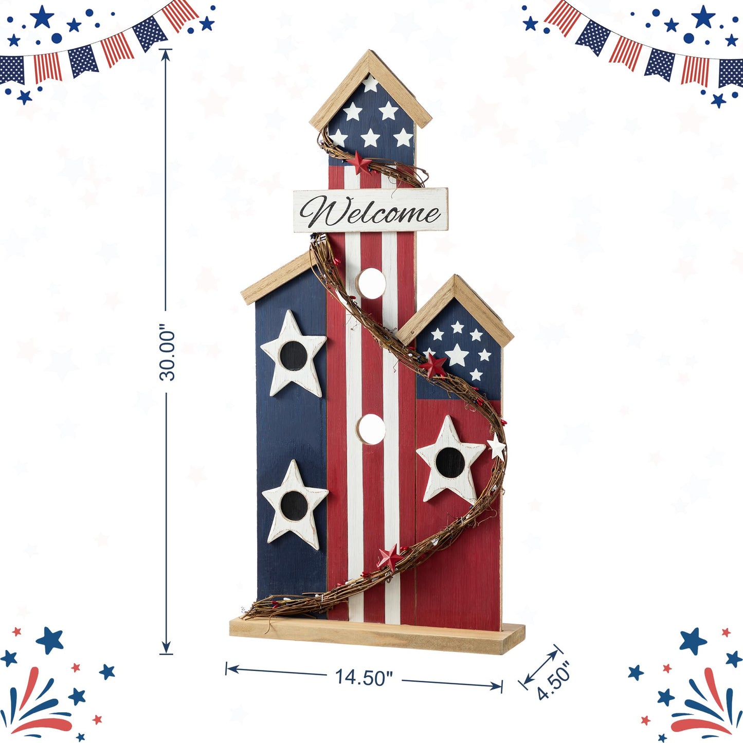 Glitzhome 30'' Patriotic Birdhouse Porch Decor, God Bless America Wooden Welcome Sign with Star, 4th of July & Independence Day Outdoor Indoor Decor