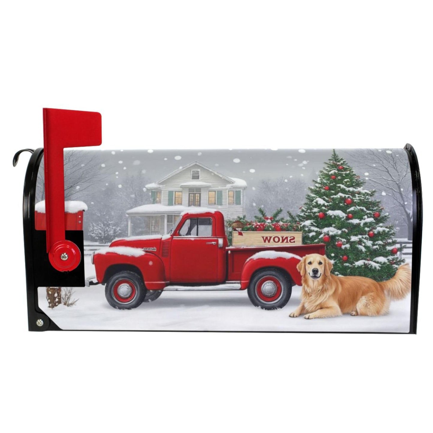 Christmas Tree Red Truck Magnetic Mailbox Covers Winter Snow Golden Retriever Dog Mailbox Cover Over Size Full Magnet Garden Yard Porch Mail Boxes Cover Holiday Decorations 25" L x 21" W
