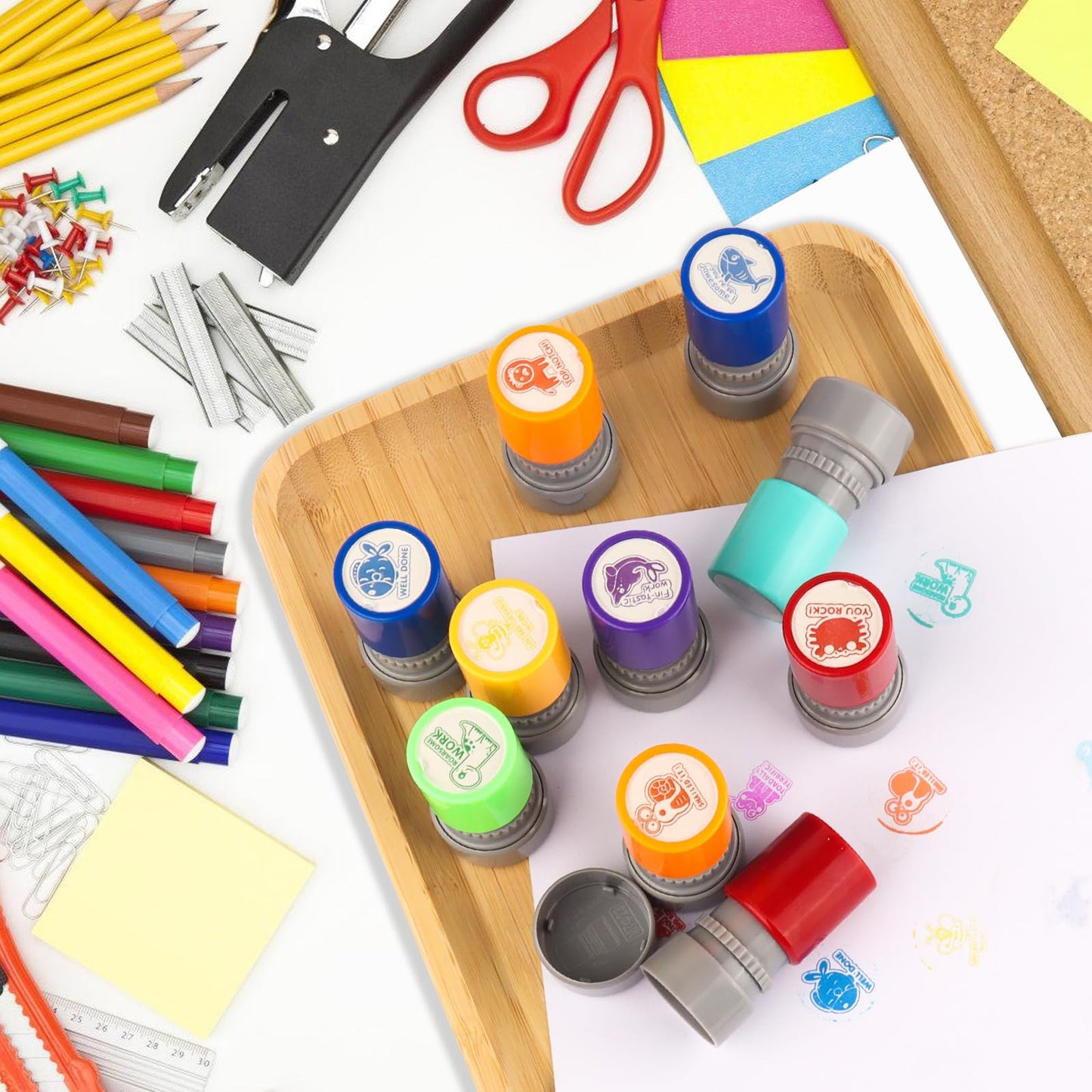 LOTMER 12 Pcs Teacher Stamps for Classroom, Self-Inking Rubber Colorful Stamps Classroom Rubber Stamp for Grading Homework Test Motivation Students Supplies