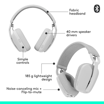 Logitech Zone Vibe 100 Lightweight Wireless Over Ear Headphones with Noise Canceling Microphone, Advanced Multipoint Bluetooth Headset, Works with Teams, Google Meet, Zoom, Mac/PC - Off White