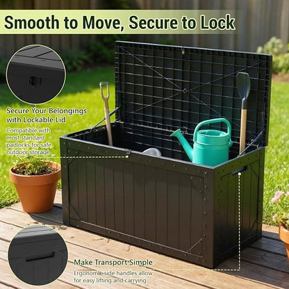 Outdoor Storage Box, 100 Gallon Deck Box Outdoor Storage Bench Outside Waterproof Resin Storage Bench, Lockable Patio Cushions, Garden Tools Storage For Furniture, UV Resistant(Black)