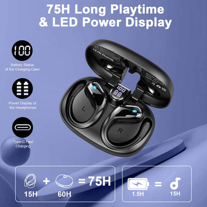 Ltinist Wireless Earbuds, 75hrs Bluetooth 5.4 Headphone Sport, 2025 Bluetooth Earbuds Deep Bass Over Ear Buds with Earhooks, ENC Noise Cancelling Earphone Mic, IPX8 Waterproof for Workout/Running/Gym