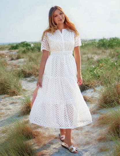 ZESICA Women's 2025 Summer Short Sleeve Maxi Dress Casual V Neck Hollow Out Eyelet Ruffle Swing A Line Long Dresses,White,Small