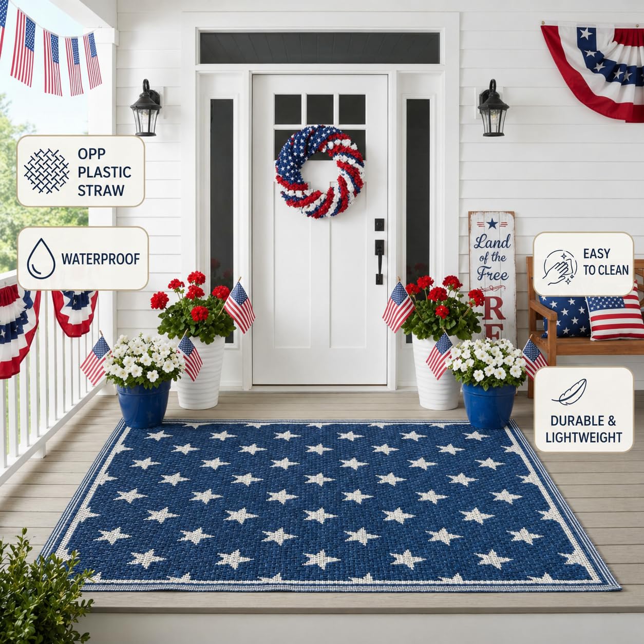 3x5ft Patriotic Outdoor Rug Waterproof Plastic Straw Patio Mat Reversible Red White and Blue Striped Area Rug for Camping RV Porch Deck Backyard 4th of July Independence Day Decorations(Star)