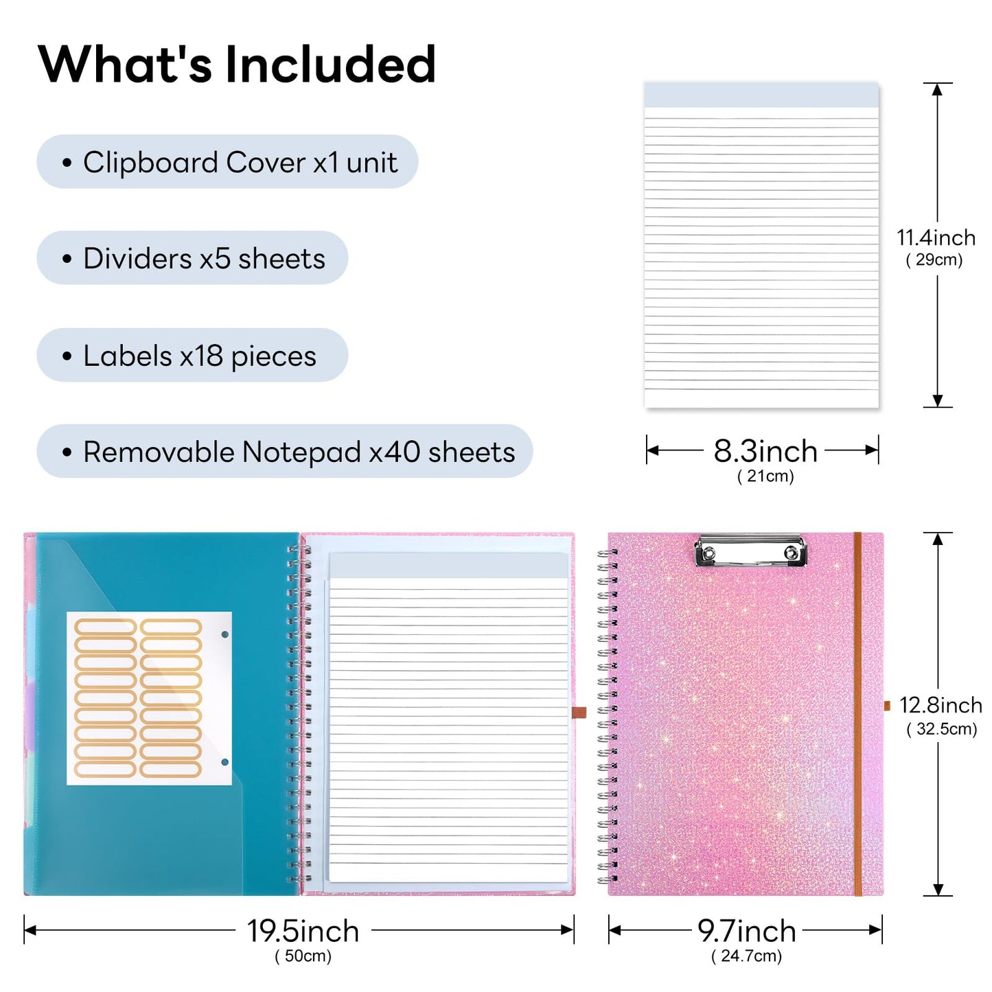 Zoenley Glitter Clipboard Notebook with Storage for Letter Size, 8.5 x 11 Notepad Holder with 5 Folders and Dividers, Size 12.8X 9.7 in, Spiral Portfolio for Nursing Teacher School Supplies,Pink