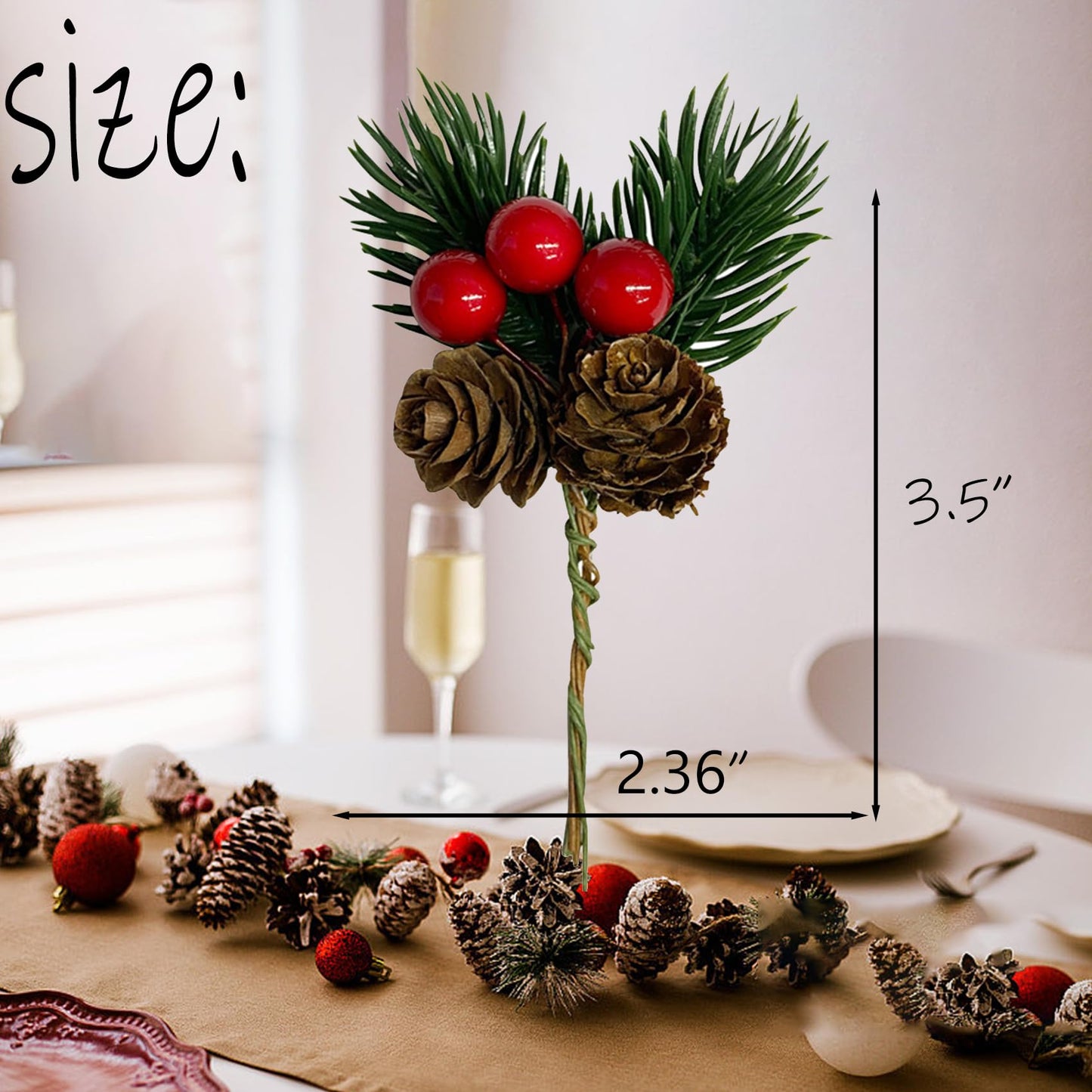 Acronde 30PCS Artificial Pine Picks Christmas Simulation Pine Needle Small Berries Pinecones for Flower Arrangements Wreaths Wedding Xmas Tree Decor (30, Red)