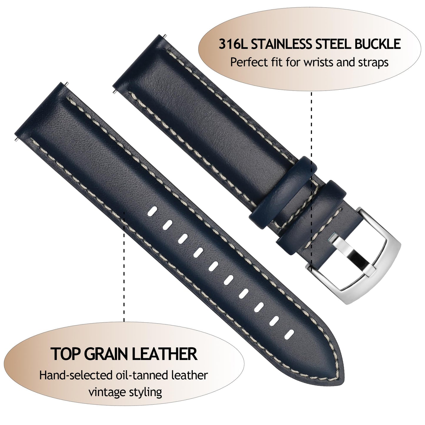 CORROPELLE Leather Watch Bands Quick Release, Elegant Top Grain Leather Watch Straps Band Replacement for Men and Women, Watch and Smartwatch, Choice of Width 18mm 19mm 20mm 21mm 22mm