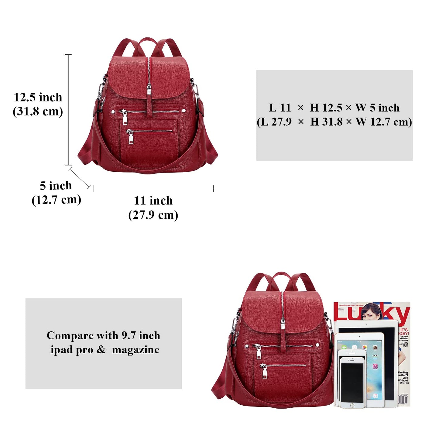 ALTOSY Leather Backpack Purse for Women Fashion Casual Handbag with Multi Pockets and Flap (S107 Wine Red)