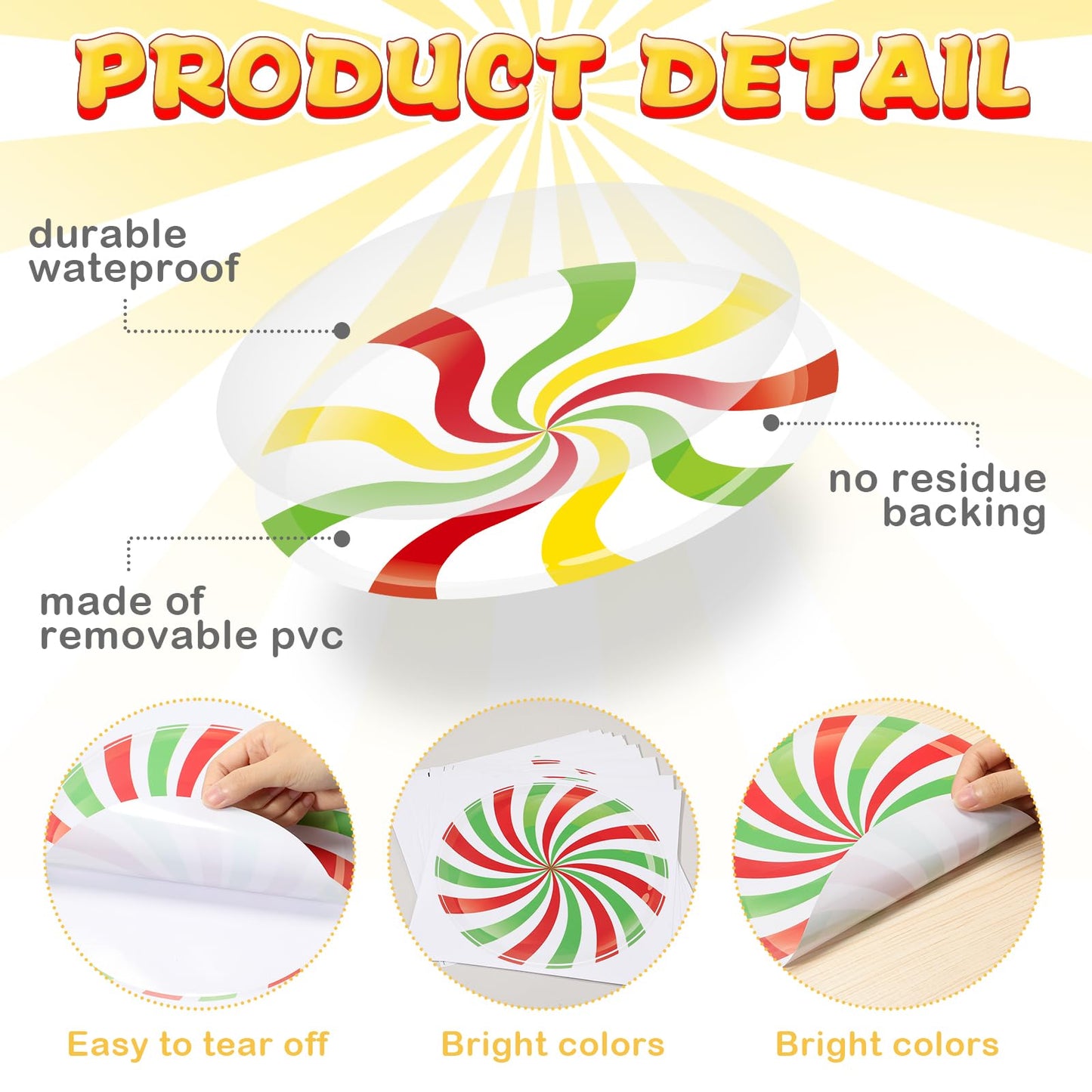 YooNotee 16 Pcs Large Peppermint Christmas Floor Decals Removable Pastel Candy Christmas Floor Stickers Xmas Wall Decals for Home Counters Party Decorations(Red, Green, Yellow,Classic)