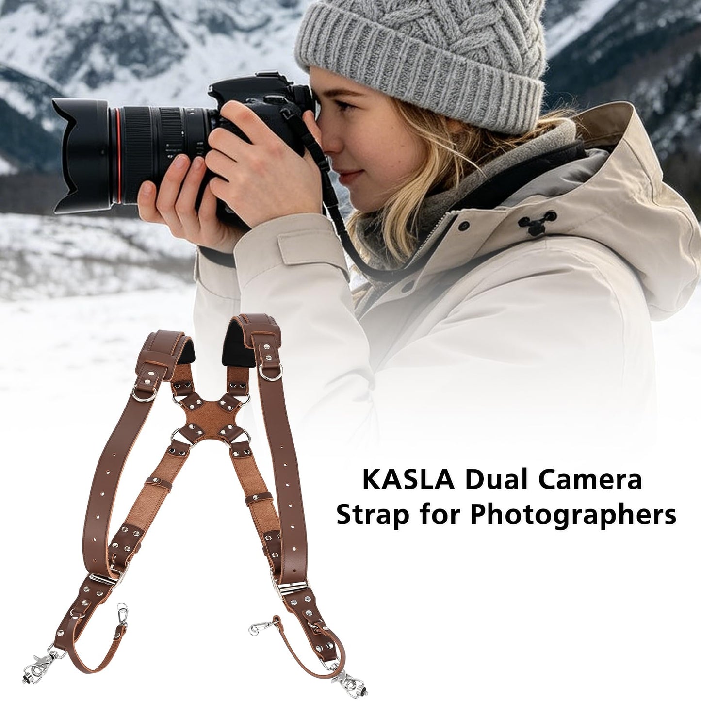 Kasla Camera Strap, Camera Straps for Photographers, Leather Dual Camera Strap for Two DSLR/SLR Cameras (Brown, Upgrade)