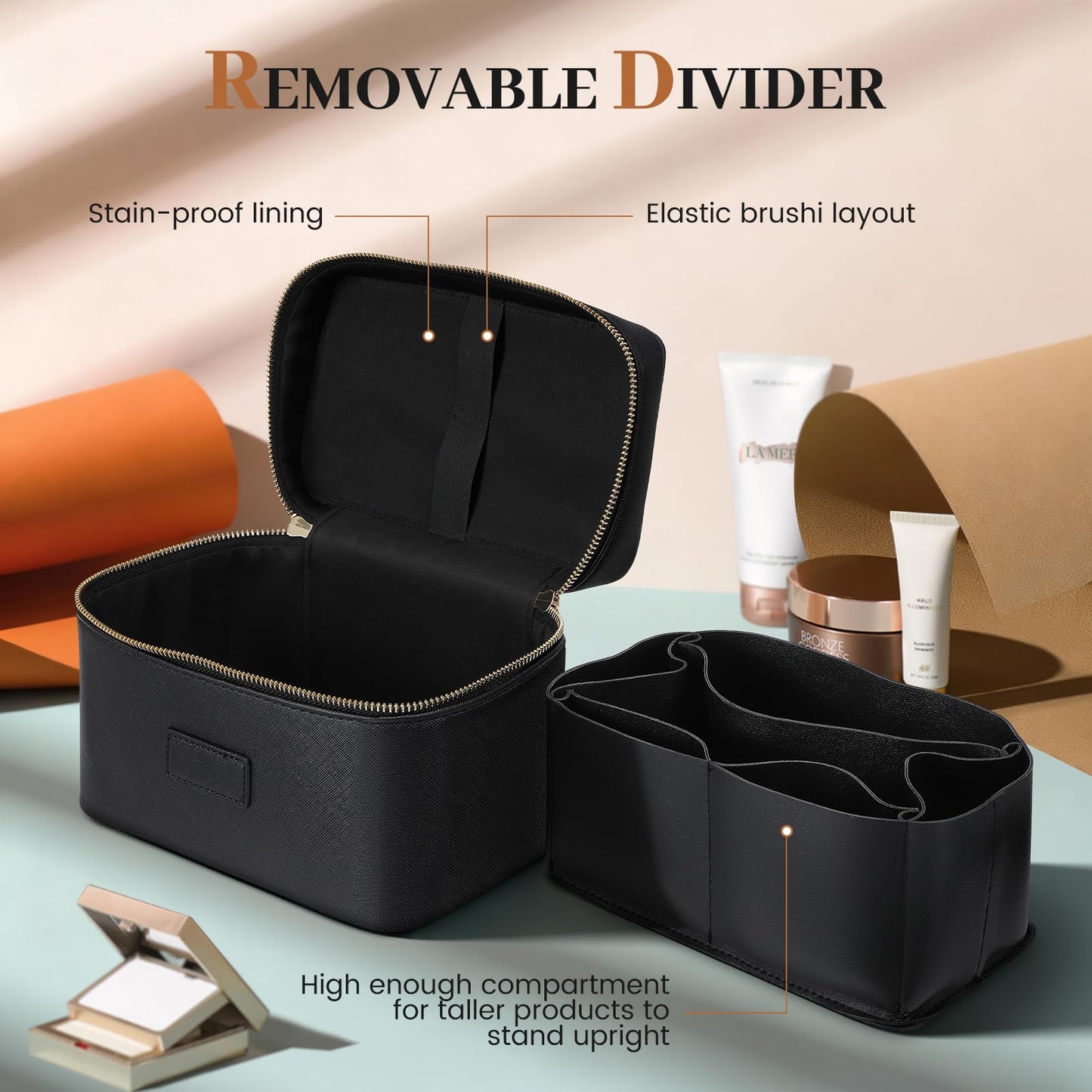 Tawd Makeup Bag Vanity Case with Removable Organizer Divider Waterproof Leather Portable Cosmetic Bag Travel Toiletry Bags Makeup Organizer Case