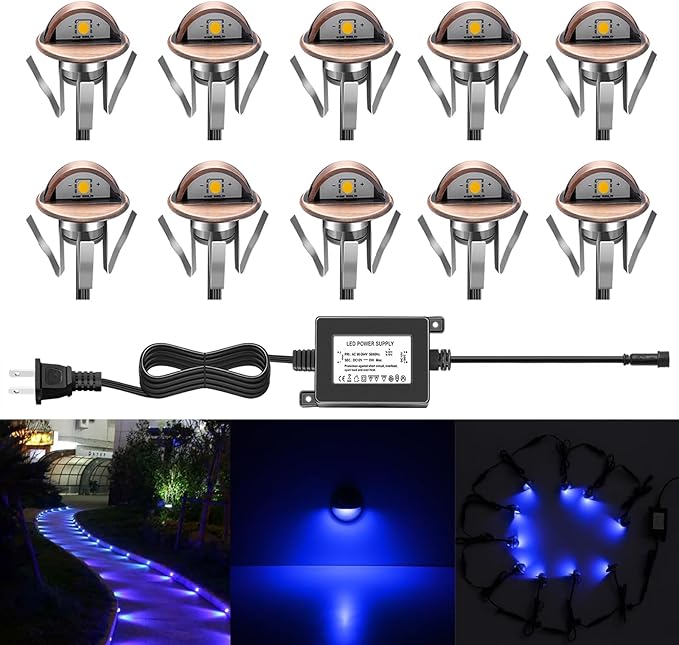 LED Stair Light Low Voltage Waterproof IP65 Outdoor 1-2/5" Recessed Wood LED Deck Lighting Yard Garden Patio Step Landscape Pathway Decor Lamp (10pcs, Blue)