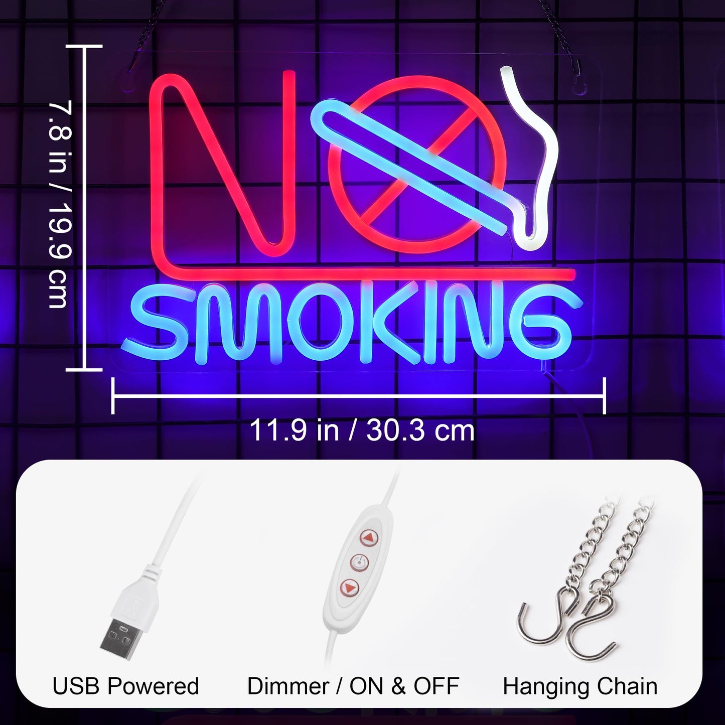 Neon Signs - No Smoking, Bedroom & Business Suitable - USB Powered with Hanging Hooks