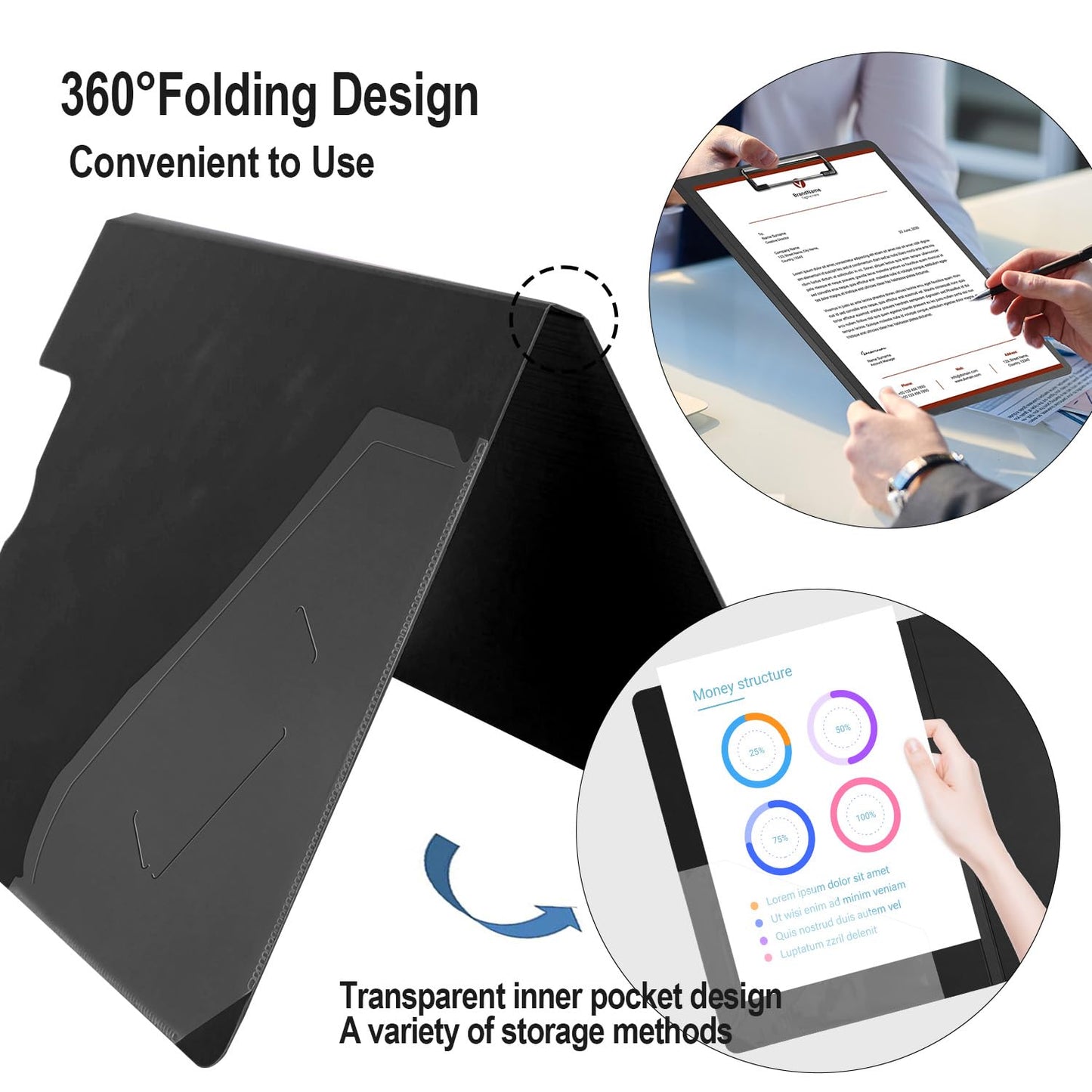 MUYICS Foldable Clipboard, 5 Pack A4 Clipboard Folder with Pocket, File Cover Office Folder Clipboards, 360 Degree Foldable Binder Clipboards for Office, School or Medical Field, Black