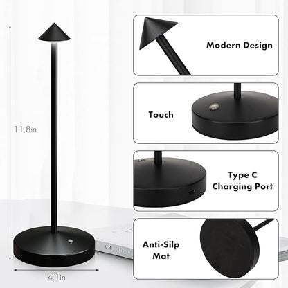 2Pack Cordless Table Lamp, Rechargeable Battery Operated Lamp 4000mAh with 3 Color Light Stepless Dimming Portable LED Desk Touch Table Lamp for Restaurant Nightstand Bedroom Living Room Black