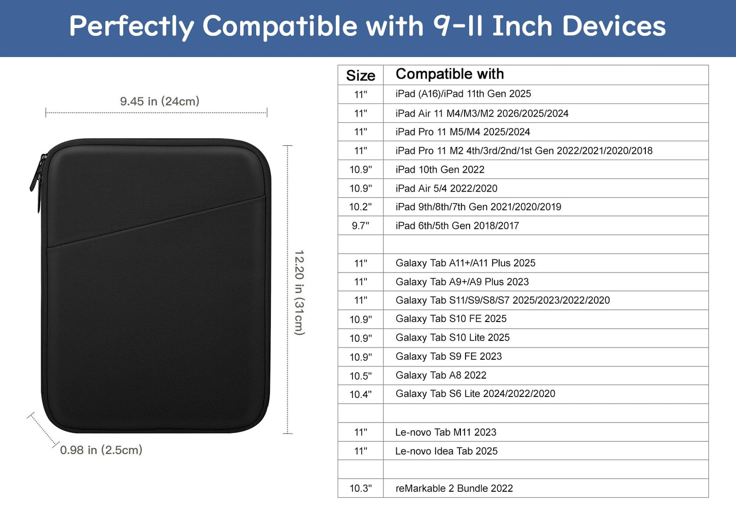 Dadanism 9-11" Tablet Sleeve Bag Carrying Case for iPad (A16) 11th Gen 11", iPad 10th Gen 10.9" Air 5/4, iPad Air M4/Pro 11", iPad 9/8/7th, Galaxy Tab A11+ Plus 11", Remarkable 2 10.3", Black