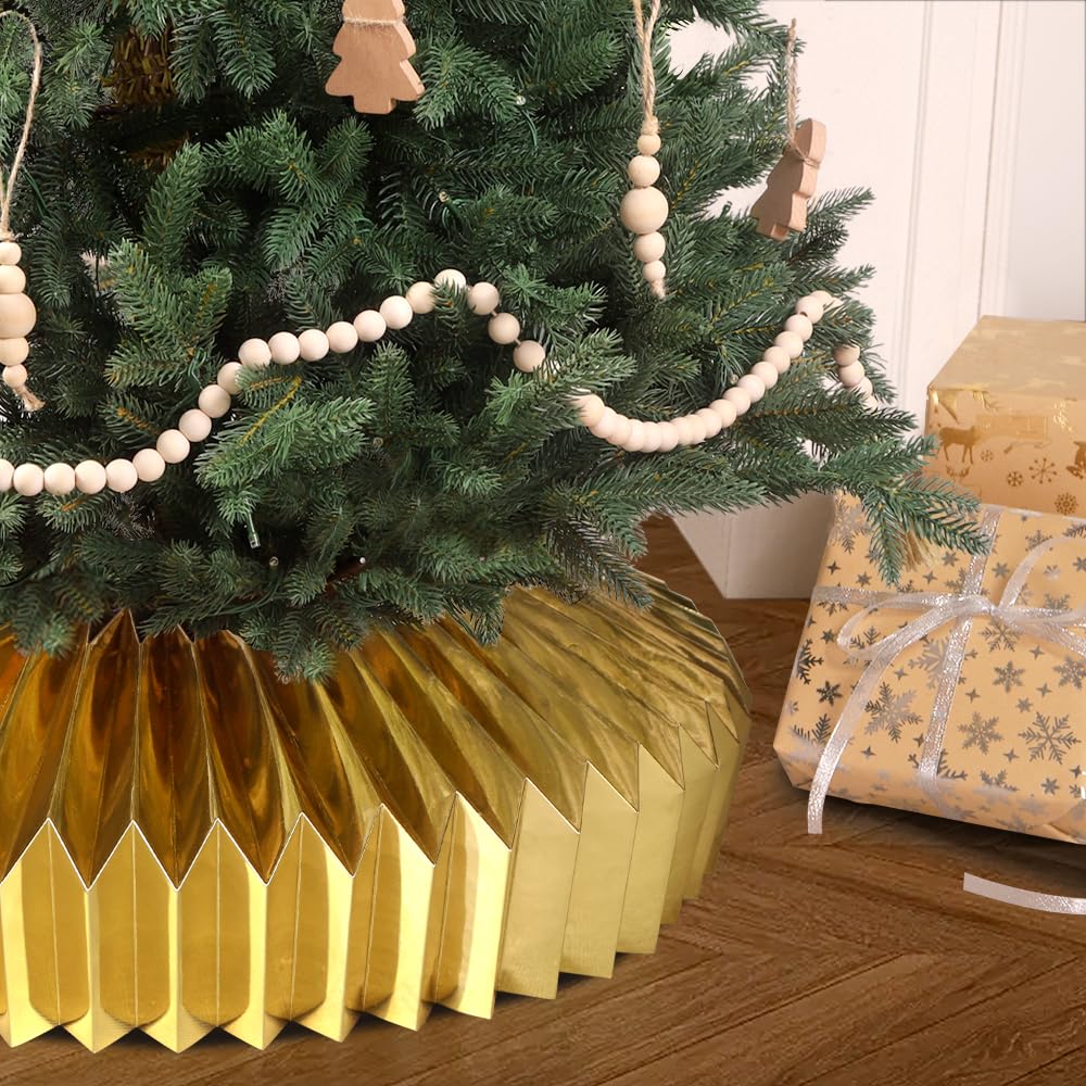 JOICEE Honeycomb Christmas Tree Collar,Foldable Paper Christmas Tree Ring Modern Tree Base Cover Basket Skirt Collars for Artificial Trees Christmas Holiday Home Decoration (Gold)