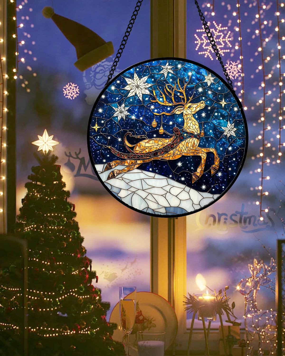 HWRHTR Stained Glass Window Hanging - Reindeer Blue Starry Sky Suncatcher for Doors Home Christmas Decoration Winter Sun Catcher Thanksgiving New Year Birthday Gifts for Women Men Mom Nana 9.8 in
