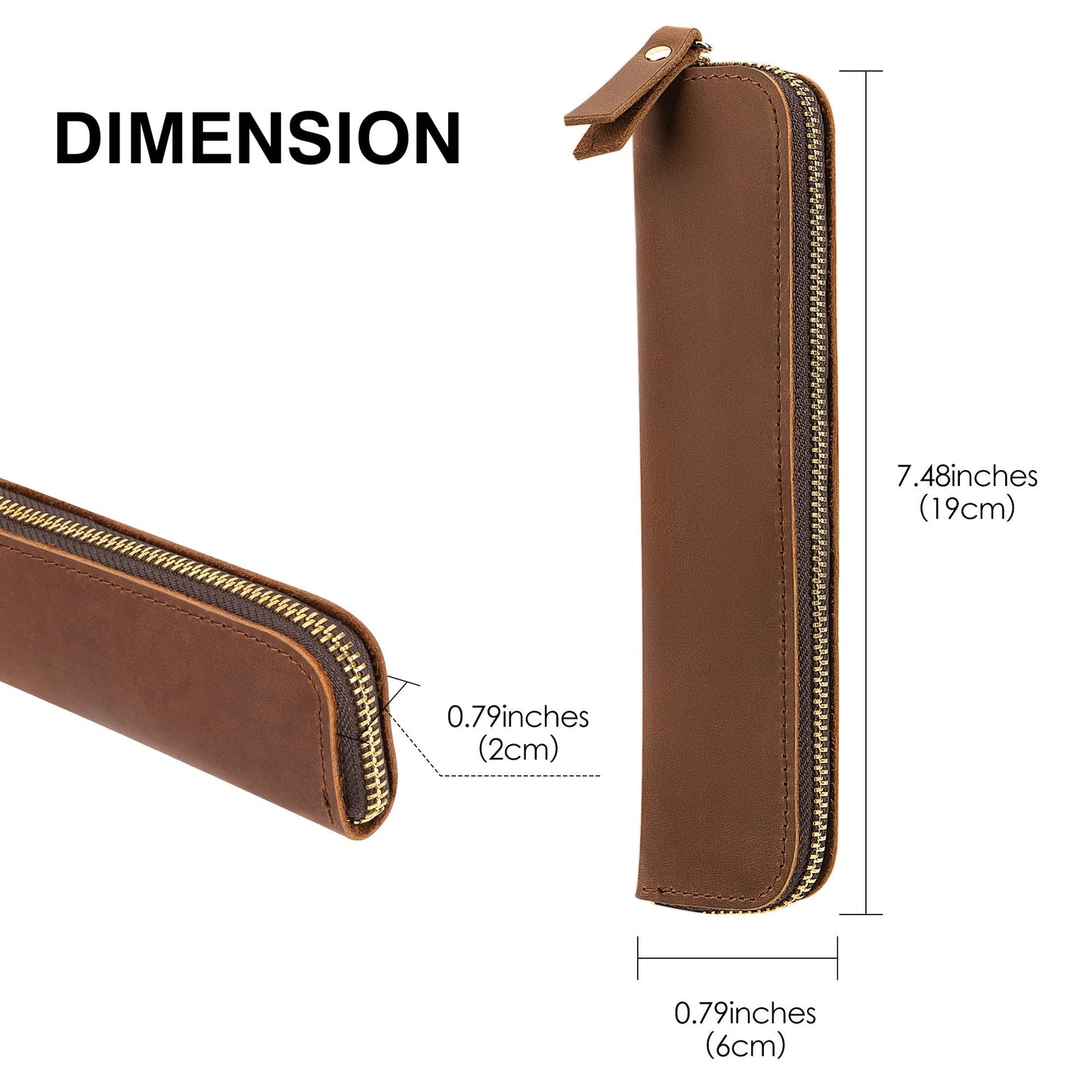 JANKINGS Genuine Leather Pen Case with Dual Elastic Loops - Vintage Fountain Pen Pouch with Metal Zipper - Slim 2-Slot Pencil Sleeve Organizer for Expensive Pens, Writing Instruments - Brown