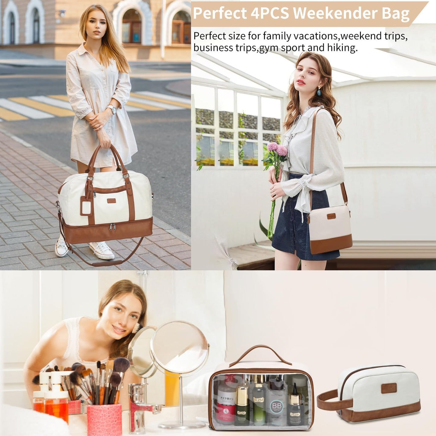 Wogarl 4PCS Weekender Bags for Women Large Overnight Weekend Travel Duffel Carry on Shoulder with Shoe Compartment Canvas Toiletry Bag for Travel Business Gym,Beige