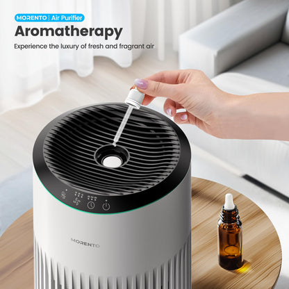 MORENTO Air Purifiers for Home, Air Purifier for Smoke Pet Dander Odors with Fragrance Sponge, Small Air Purifier with Sleep Mode for Bedroom Office, Blue Ambient Light, MR2566, White,1 Pack+3 Modes