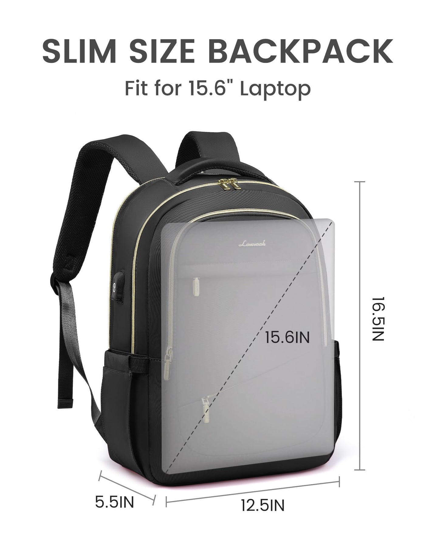 LOVEVOOK Laptop Backpack for Women, Black Business Travel Backpacks with USB Port, Water Resistant Work Teacher Computer Bag, Stylish Daypack, Fits 15.6" Laptop