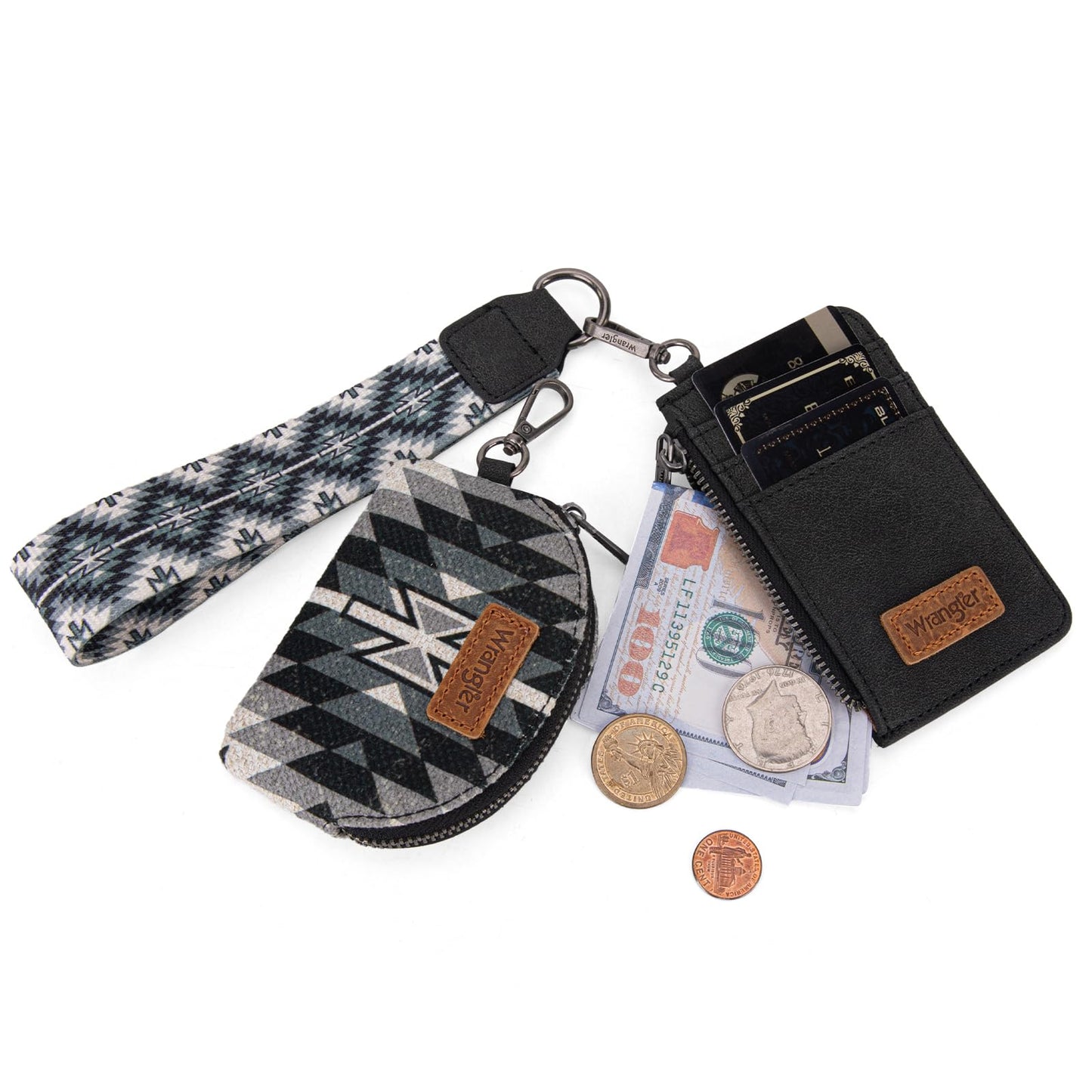Wrangler Western Aztec Keychain Wristlet Wallets for Women Dual Pouch Wristlet Portable Credit Card Holder Wallet with Zipper Pocket WG2213-W0051BK