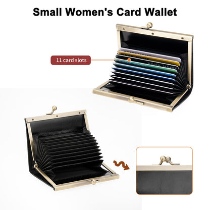 GOIACII Credit Card Holder Vintage Wallet for Women Genuine Leather Ladies Card Cases with Kiss Lock Small Black