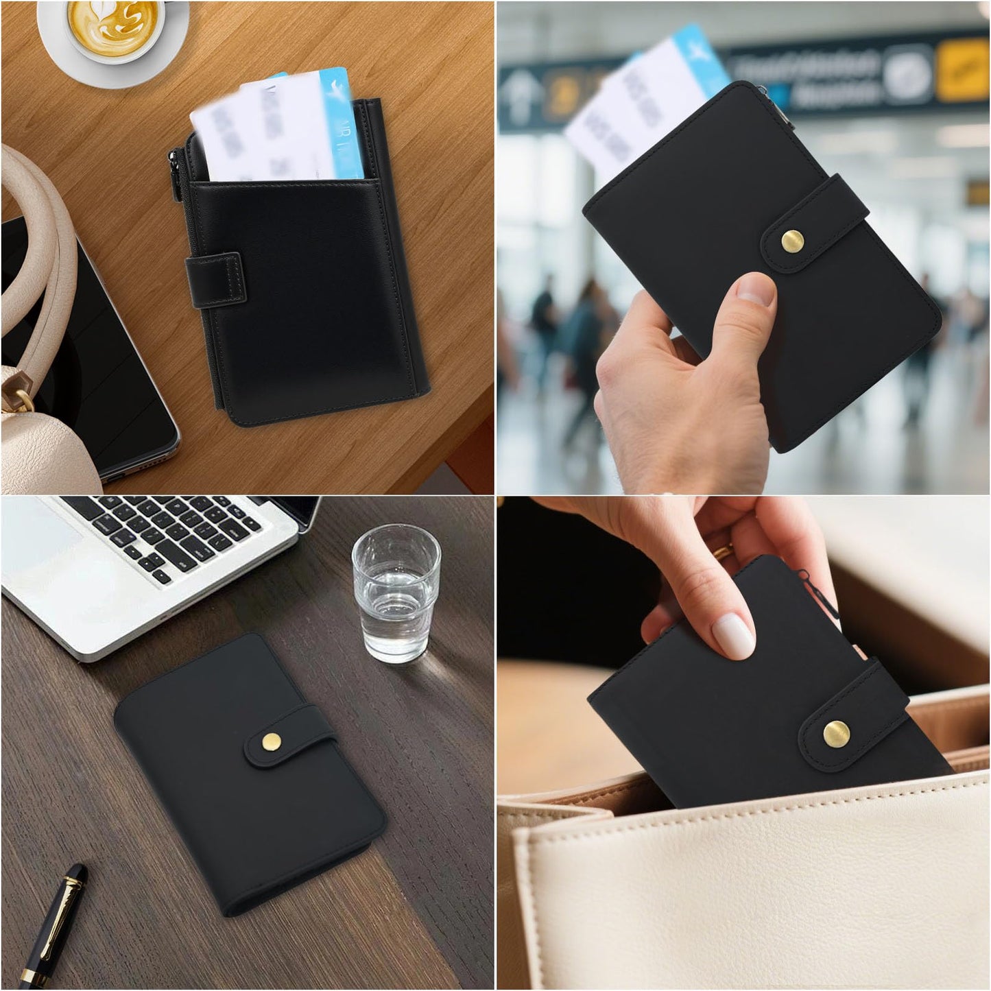 Genuine Leather Passport Wallet, RFID Blocking Passport Holder with Tracker Slot, All in One Travel Wallet for Women/Men, Secure Passport Cover Case for Airport Essentials (Black)