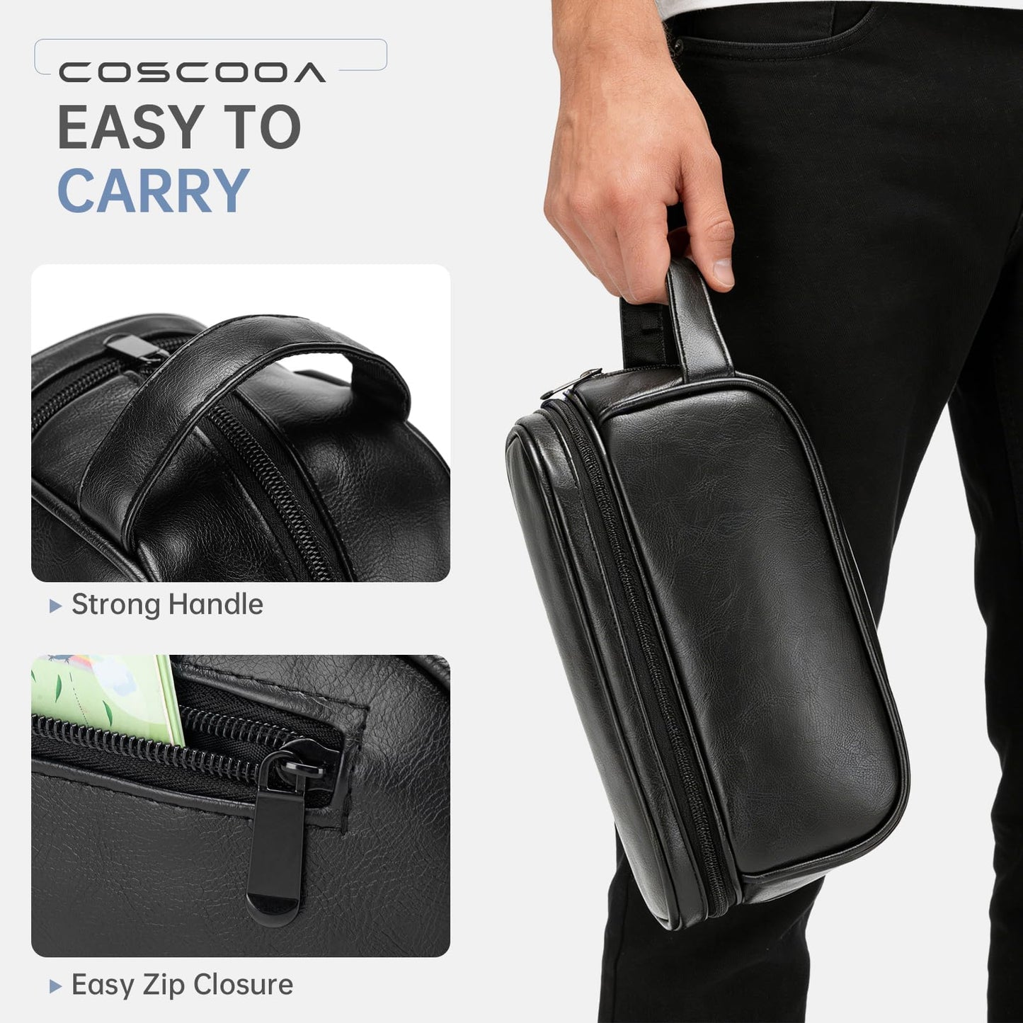 COSCOOA PU Leather Toiletry Bag for Men, Water Resistant Mens Hanging Toiletry Travel Makeup Bag, Travel Essentials Shaving Bag with Large Capacity Suitable for Bathroom Settings, Black