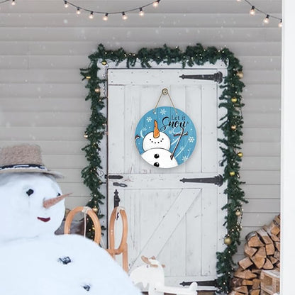 Deroro Winter Snowman Blue Front Door Sign, Let It Snow Farmhouse Wood Door Hanger Outdoor Outside Porch Decor, Christmas Seasonal Snowflake Wooden Wreath Indoor Wall Hanging Decoration