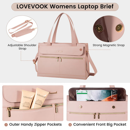 LOVEVOOK Laptop Bag for Women 15.6 Inch Laptop Tote Work Professional Leather Computer Briefcase Waterproof Handbag Shoulder Large Capacity Business Teacher Office Bag Crossbody Purse,Pink