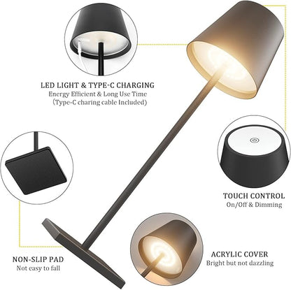 2-Pack LED Cordless Table Lamp, Rechargeable Battery Desk lamp 3W 5500mAh Battery Operated Stepless Dimming Modern Portable Table Light for Restaurant/Dinner/Bedroom/Outdoor IP54 Waterproof (Black)