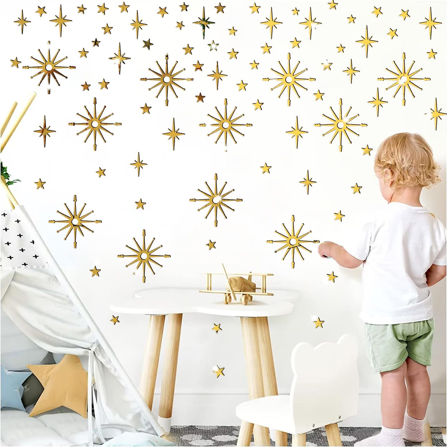 Star Wall Decals Gold Stars Stickers Ceiling Decor Removable Acrylic Mirror Decal Peel and Stick Sparkle Sticker for Wall 3D Midcentury Mirror Art Murals for Bedroom Living Room Nursery Decorations
