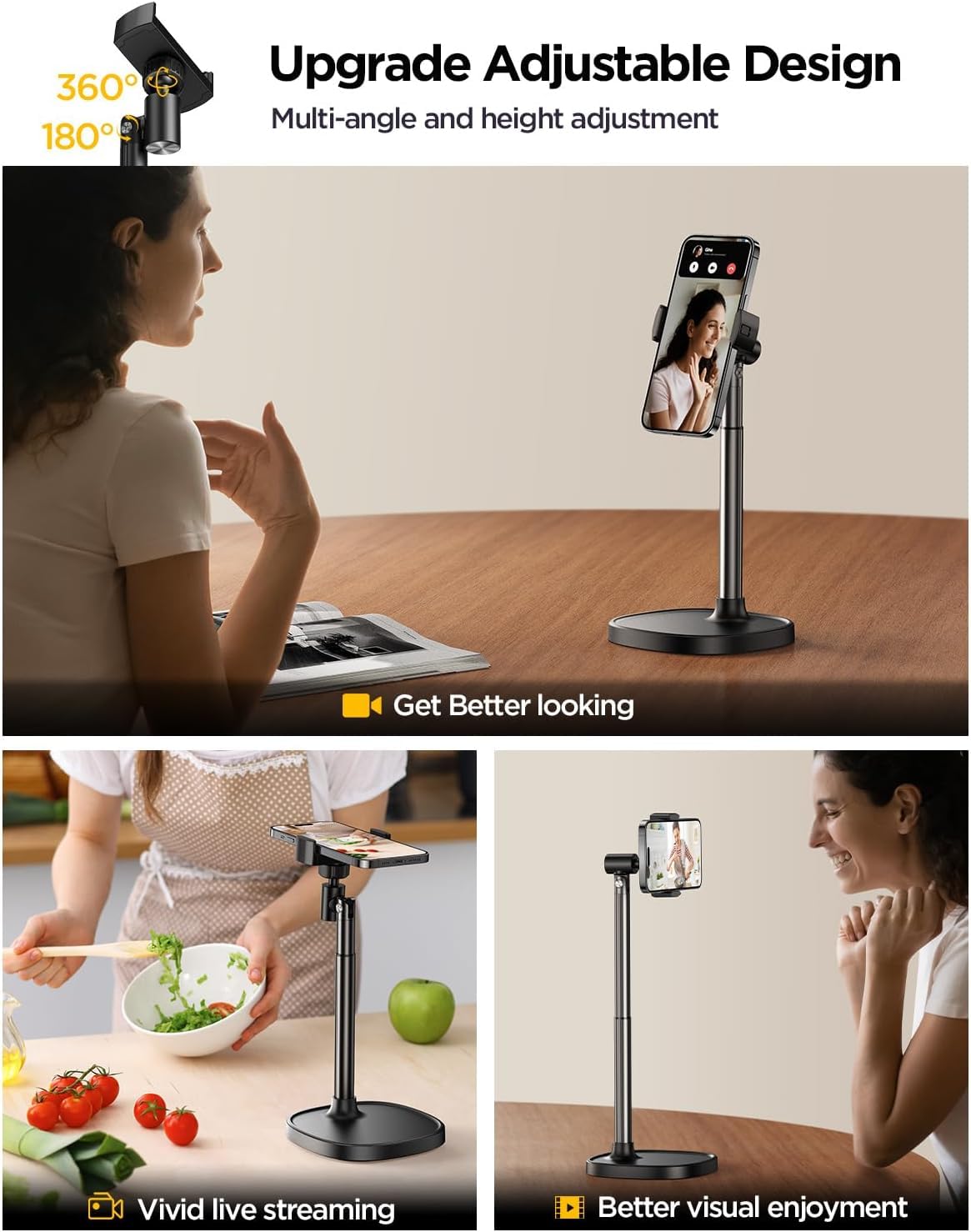 DIMONCOAT Phone Stand for Desk, Angle Height Adjustable Phone Holder for Desk, Aluminum Alloy Universal iPhone Holder, Retractable Cell Phone Stand Recording Office for iPhone 17 16 15 Pro Max S26