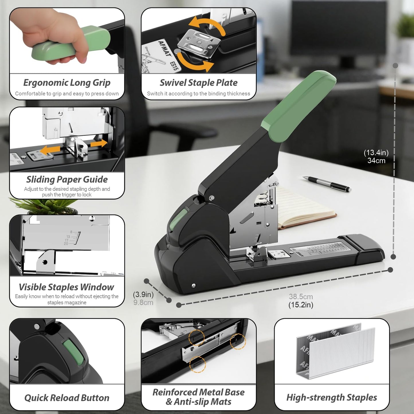 AFMAT Heavy Duty Stapler, 210 Sheet Effortless Stapler for Desk, 60% Reduced Effort, Jam Free, 50,000+ Uses, Adjustable Paper Depth, Metal Desktop Staplers for Office, Includes 7000Pcs Staples, ES15
