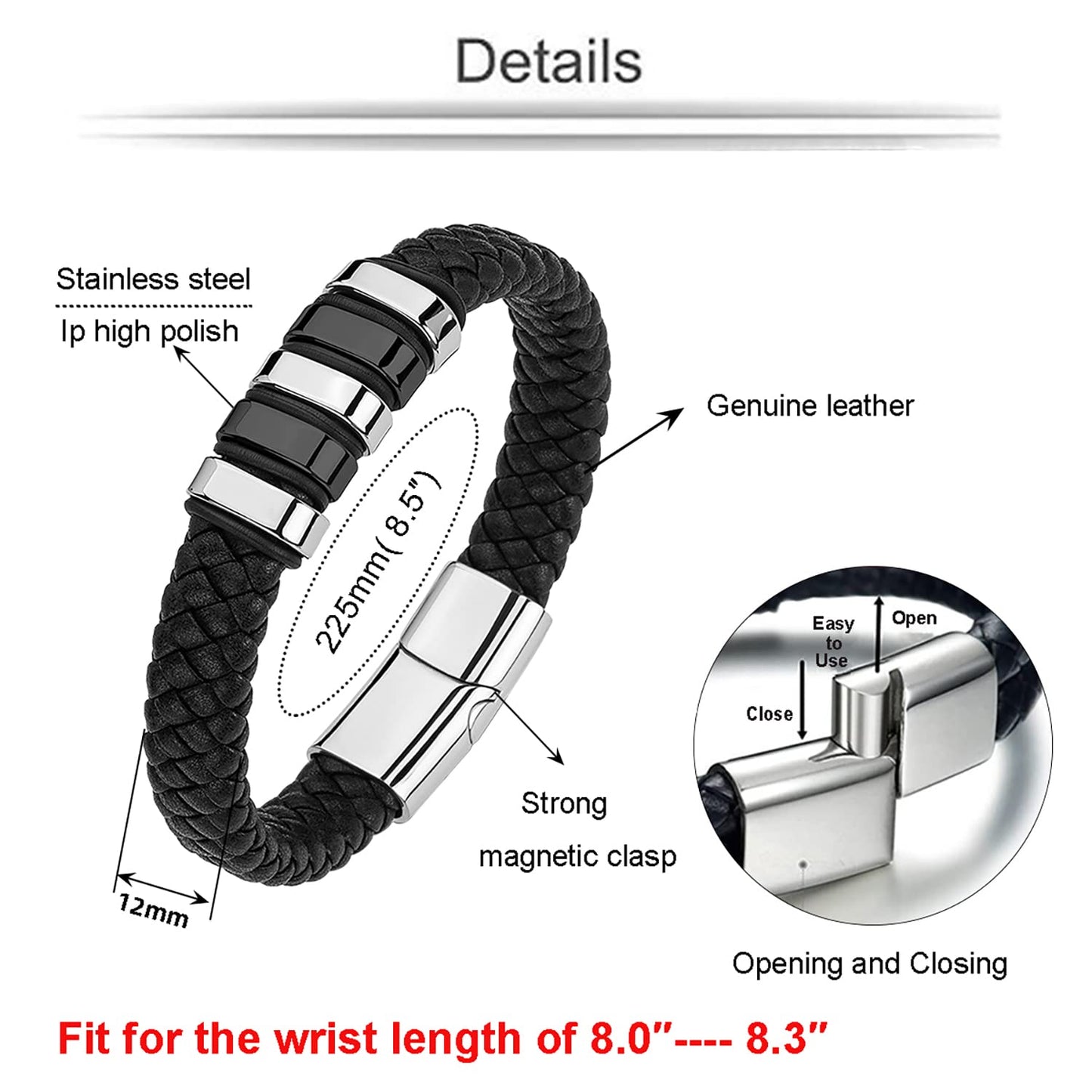 LJWVX Mens Black Leather Bracelets,Braided Leather Wristband Cuff,Stainless Steel Clasp,Bracelet Gift for Dad