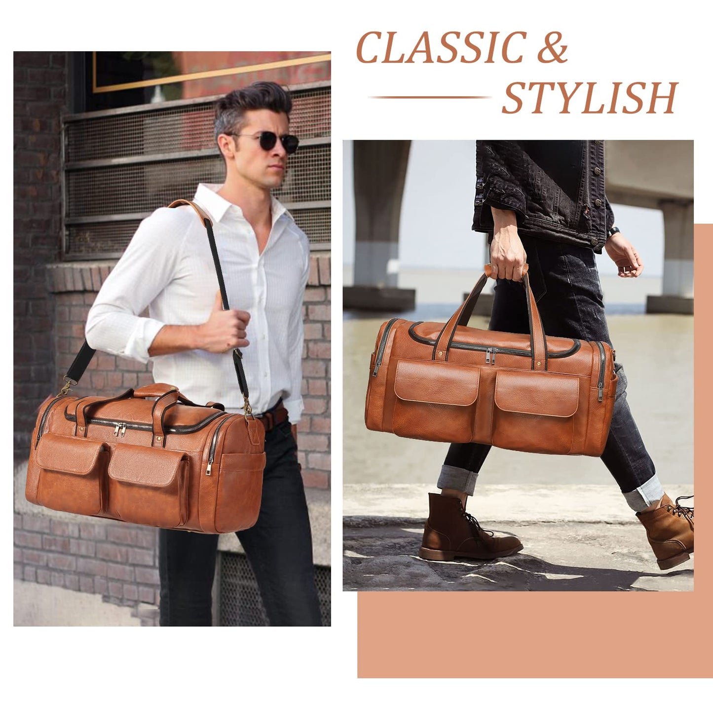 BOLOSTA Travel Duffel Bag for Men Women, Large PU Leather Carry on Duffle Bags for Traveling, Waterproof Overnight Weekender Duffel Bag with Shoe Compartment - Perfect for Daily Use/Birthday Gift