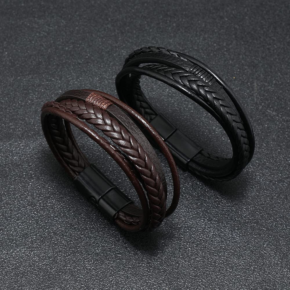 Arcutina Men's Black Leather Multi-Strand Bracelet Casual Brown Braided Bracelet (Brown with Black clasp, Length 8.3'')