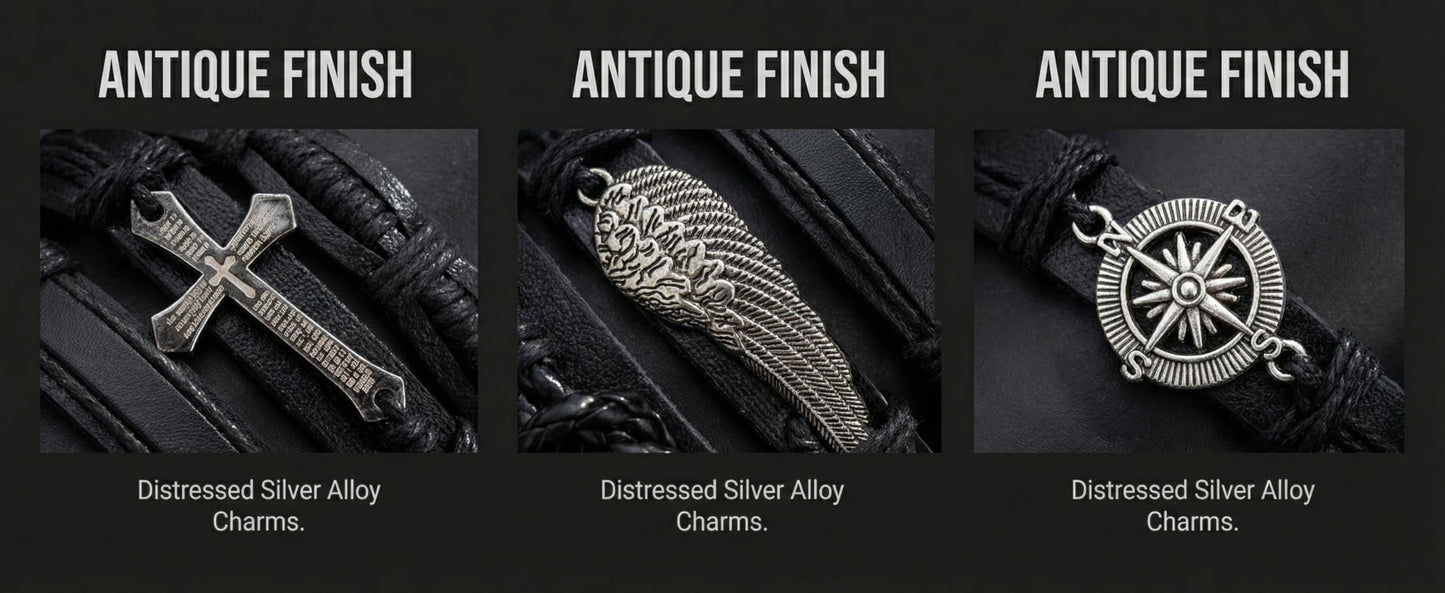 AFIKJHONS Handmade Leather Bracelet Set for Men Women, 6 Pcs Vintage Black Bracelets with Cross Compass Wing Charms, Adjustable Wristband Jewelry