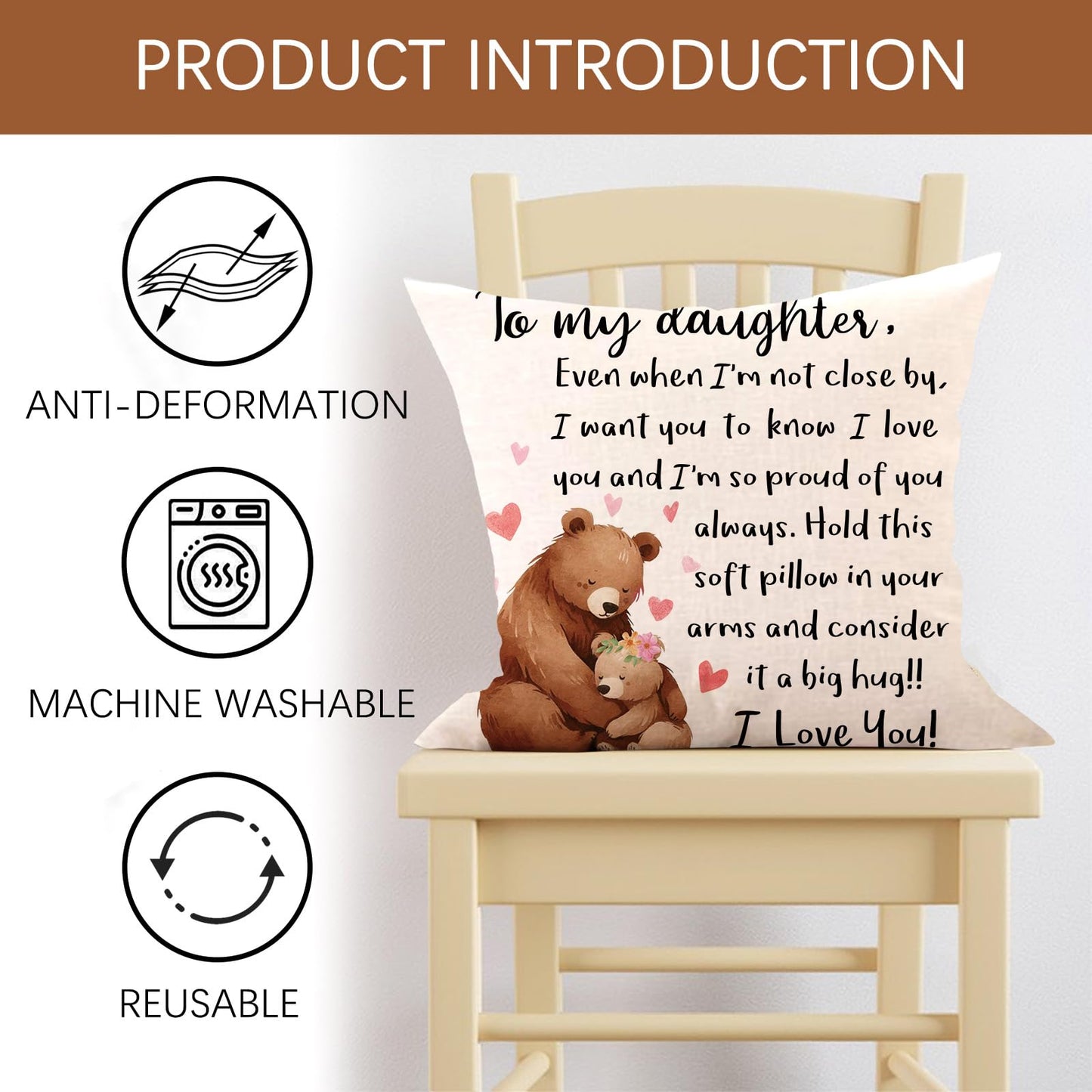 Fjfz to My Daughter Gifts from Mom Dad Decorative Throw Pillow Cover 18 x 18, Birthday for Girls Baby Kids, Funny Embrace Bear Nursery Sofa Couch Cushion Case Home Decor