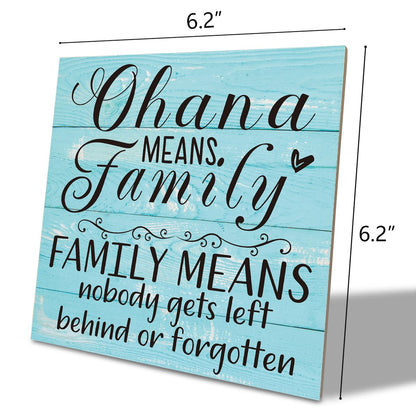 Family Wooden Plaque, “Family Means Nobody Gets Left Behind or Forgotten”, 6.2x6.2 Inch Table Art Sign, Farmhouse Quote Decor for Living Room or Home Tabletop E