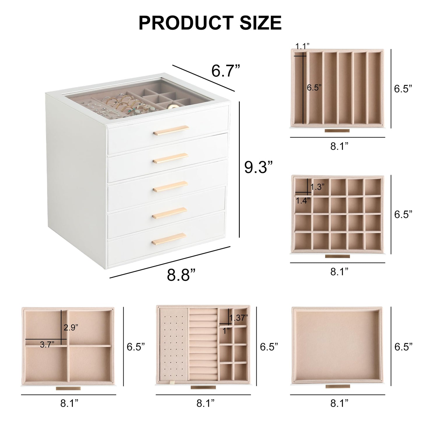 Frebeauty Clear Lid Jewelry Box,5-Layer Jewelry Organizer with Drawer,PU Leather Jewelry Organizers and Storage,Jewelry Boxes for Women,Jewelry Storage for Rings Earring Stud,Gift for Women(White)