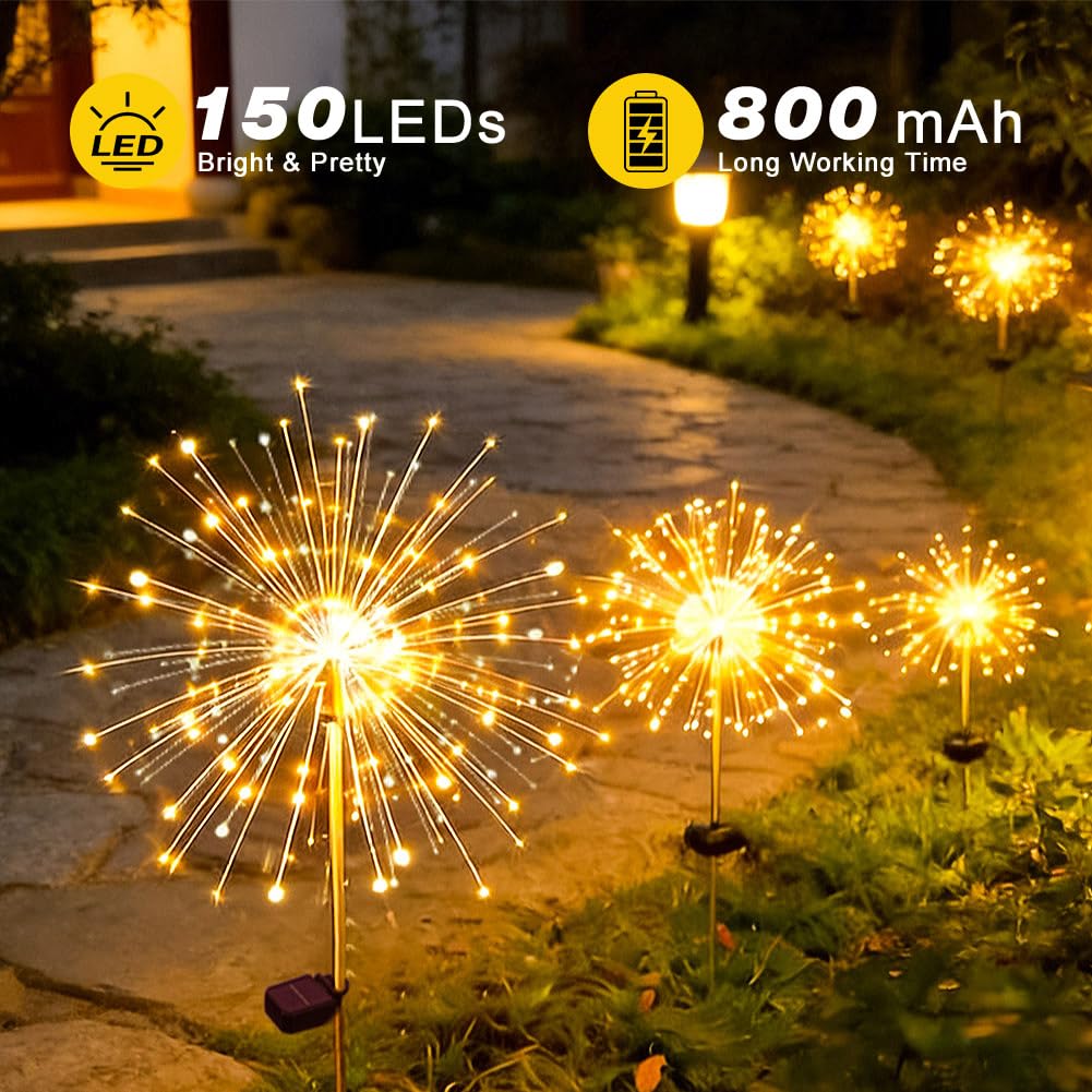 Boutispan 150 LED Solar Fireworks Lights Outdoor Waterproof, 4 Pack 8 Modes Twinkling Fireworks Solar Fairy Lights for Garden Yard Patio Flowerbed Lawn Planter Walkway Decor (Warm White)