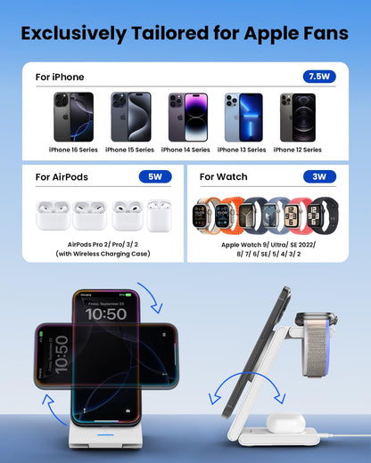 Wireless Charging Station for Apple - 3 in 1 Wireless Charger Stand Dock Watch and Phone Charger Station for Apple Watch 11/8/7/SE/6/5/4/3/2, iPhone 17 16-12 Pro Max SE XS X, Samsung, AirPods Pro/3/2