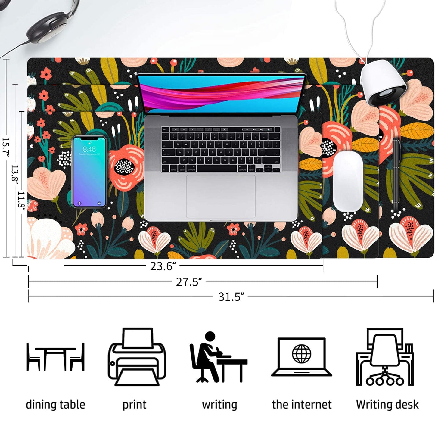 Desk Mat Large Protector Pad 31.5" ×15.7", Non-Slip PU Leather Desk Blotter, Waterproof Mouse Pad for Office Home Black Floral