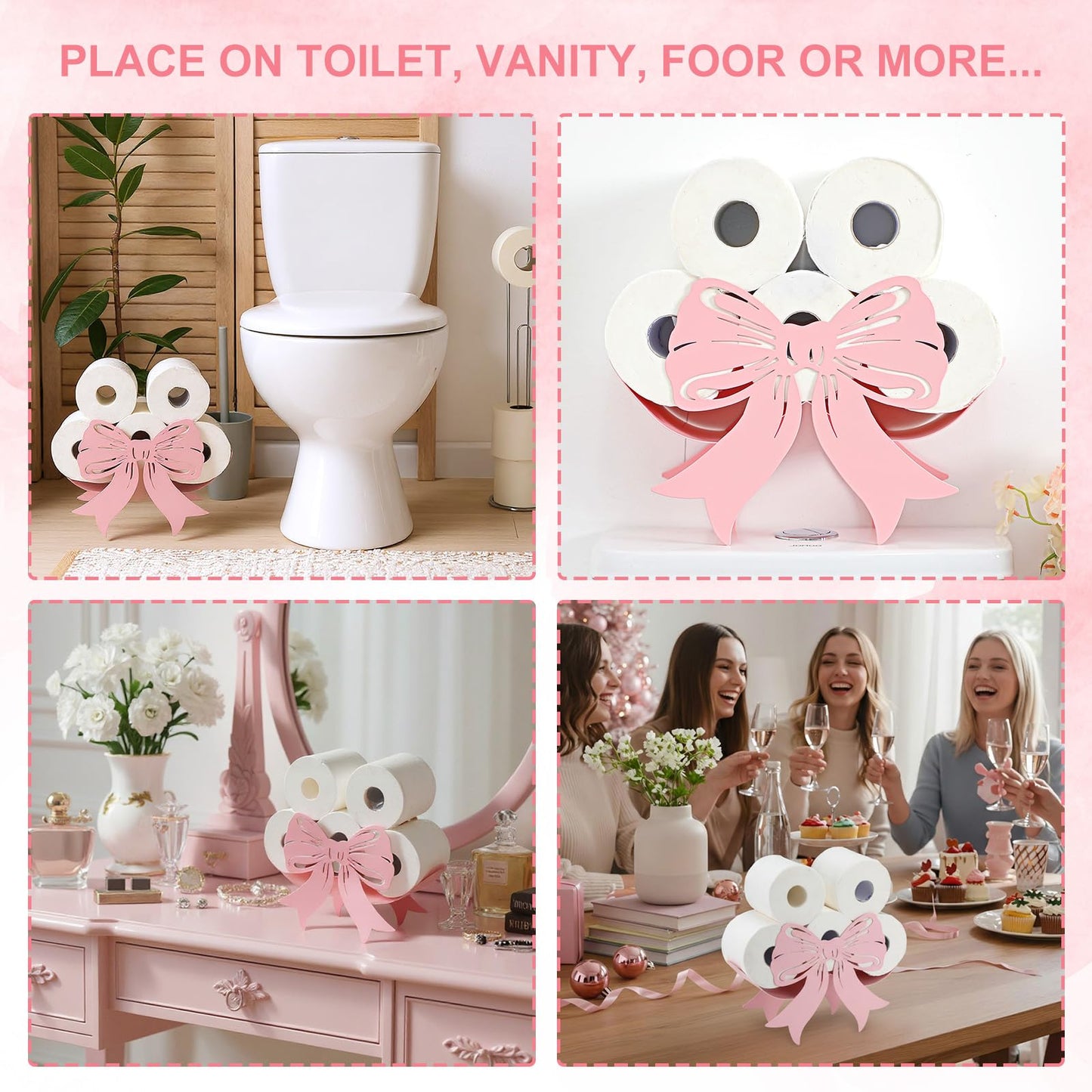 Geelin Bow Metal Toilet Paper Storage Holder Wedding Bow Bathroom Decor 8 Rolls Decorative Toilets Paper Holder Wall Mounted for Bathroom Kitchen Bedroom Coquette Home Decor(Light Pink)