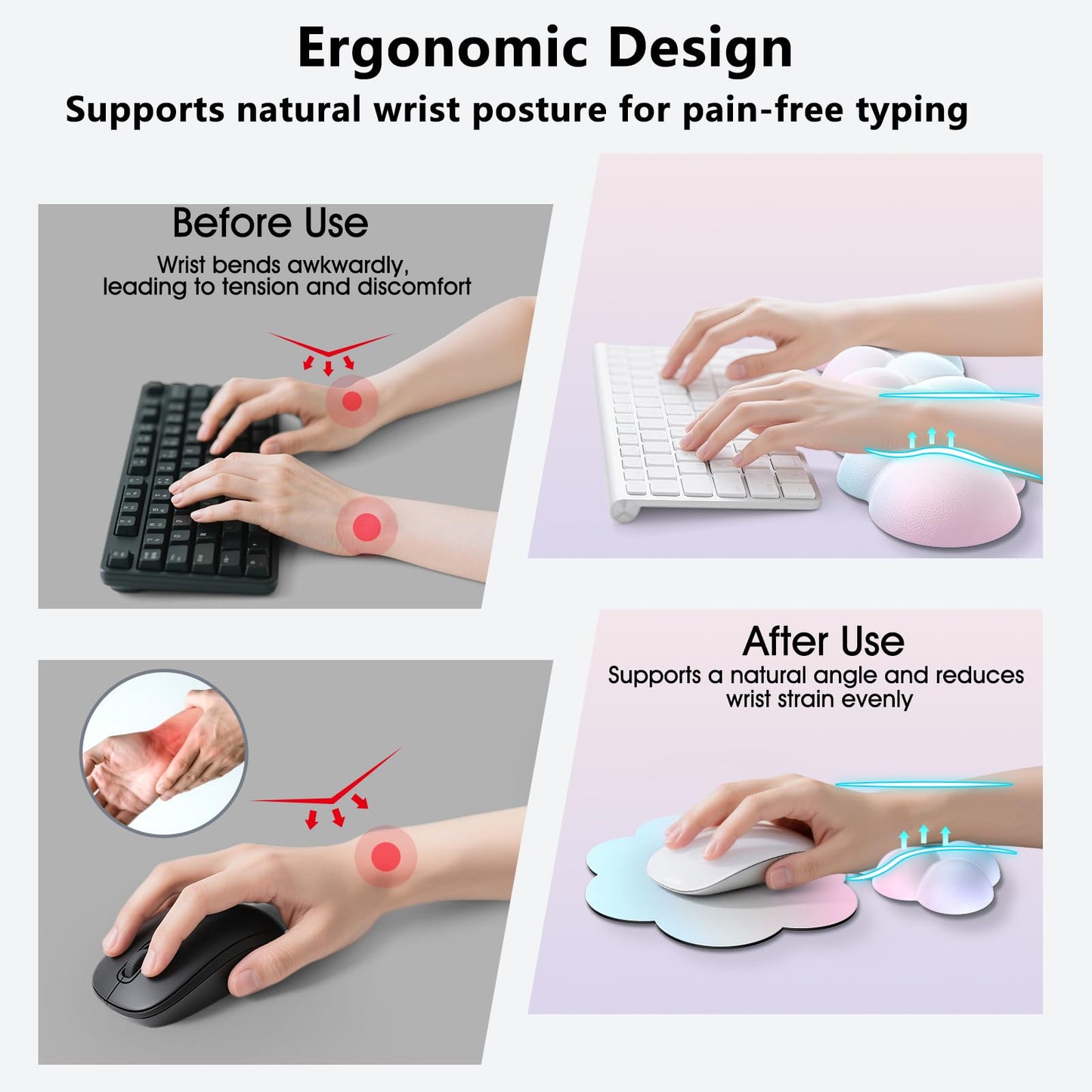 Sushret Cloud Wrist Rest for Computer Keyboard, 4-in-1 Memory Foam Leather Cloud Keyboard Wrist Rest and Mouse Pad Set with Ergonomic Support for Arm and Palm Cushion, Gaming/Work Setup, Rainbow