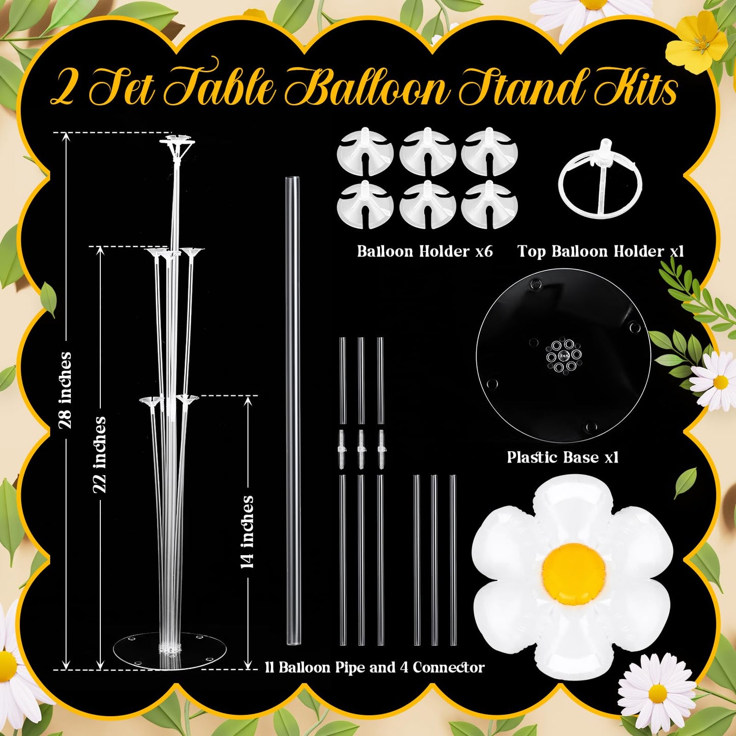Seematn 2 Set Daisy Balloon Stand Kits Pastel Pink Green Yellow Balloons Sticks Holder with Base, Groovy Birthday Party Table Centerpiece Kit for Boho Baby Shower Flower Party Decorations